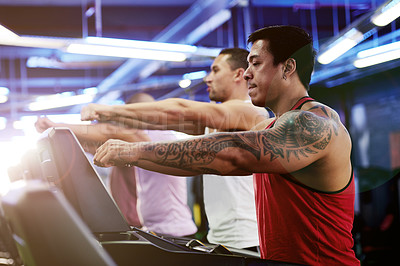 Buy stock photo Balance, arms and man on treadmill in gym class for training exercise, body wellness and health. Athlete, people or active male person on machine equipment for fitness challenge, cardio and workout