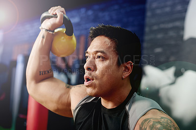 Buy stock photo Gym, man and kettlebell training for workout, power and sports challenge for muscle. Balance, bodybuilder and heavy weights for fitness with health club, exercise and athlete for wellness routine