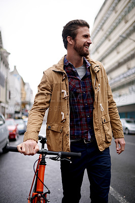 Buy stock photo Travel, smile and man with bicycle, outdoor and eco friendly transport for employee on journey and happy. City, traveller and person with bike on urban road, walking and thinking of trip on street