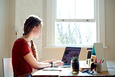 Buy stock photo Education, girl and research on laptop screen in home for elearning assignment, scholarship exam and studying. University student, person and typing on technology for thesis planning or online course