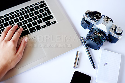 Buy stock photo Creative, photographer and hands with laptop, office desk or app to edit photos or retouching online. Entrepreneur, process and person with camera for photography career, above and tech in business