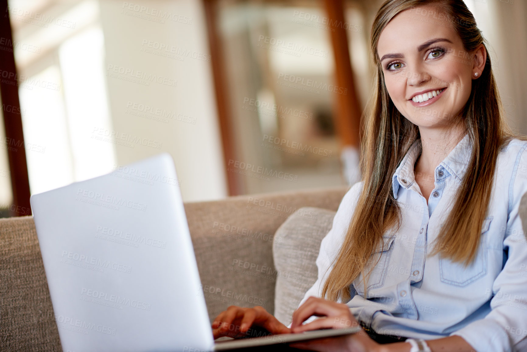 Buy stock photo Portrait, woman and smile with laptop at house for remote work, research and editing article. Happy, female person and online for copywriting, news story and review draft for publication information