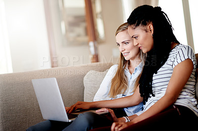 Buy stock photo Search, movie or women on laptop in home for online videos, research or social media post. Friends, blog subscription or people on technology for streaming option or documentary to relax on couch