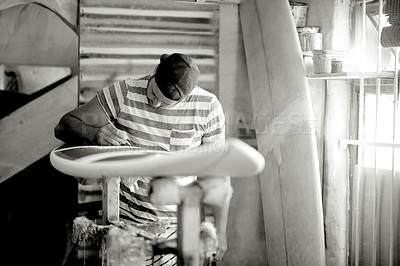 Buy stock photo Crafting, drawing and surfboard with man in workshop for manufacturing or production process. Marking, measurement and pen with person in factory for fixing, maintenance or repair in monochrome