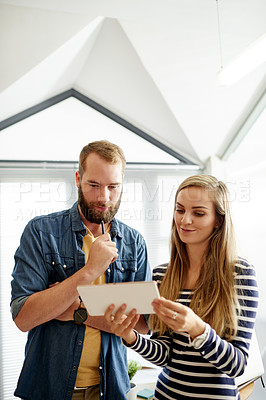 Buy stock photo Business people, meeting and team with tablet for brainstorming, social media marketing or insight. Technology, smile and planning in creative startup office for campaign idea, review and feedback