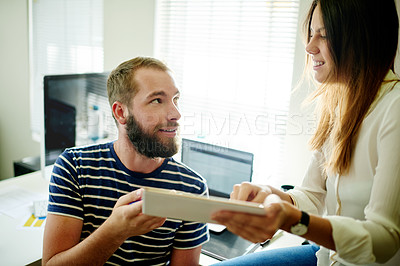 Buy stock photo Man, woman and tablet with discussion, feedback and meeting for interior design office. People, teamwork and digital technology with agenda, review and proposal for property renovation at agency
