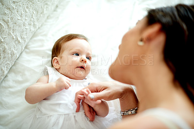 Buy stock photo Love, mom and baby in house on bed, connection and bonding together in nursery. Mothers Day, care and happy family in bedroom with infant girl, support and top view for childhood development.