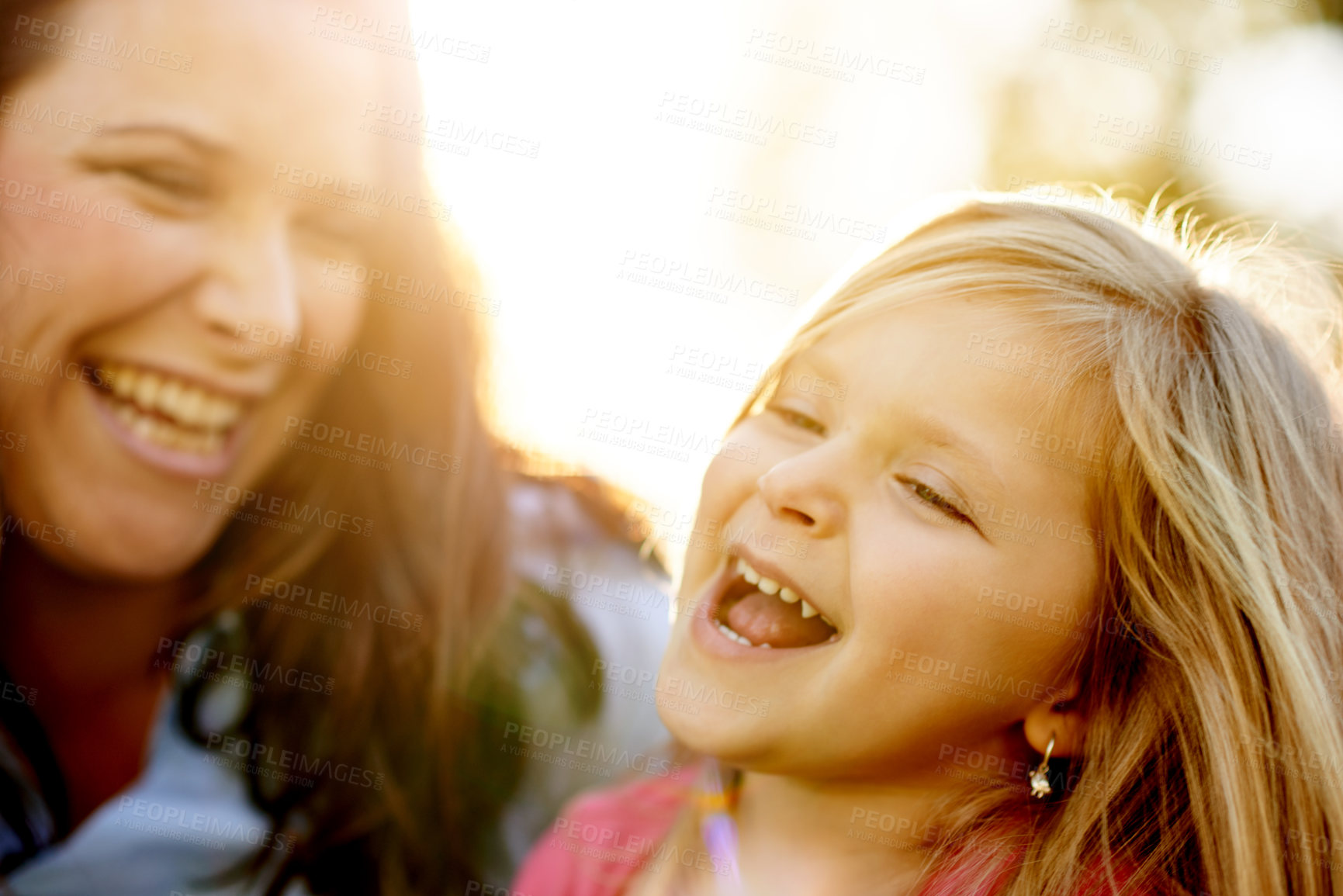 Buy stock photo Happy mom, child and laughing with parent for funny joke, family time or bonding together in nature. People, mother or kid with smile or daughter for humor, comedy or playful weekend in outdoor park