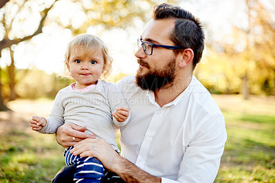 Buy stock photo Outdoor, park and dad with child for carrying, relationship and connection together with smile. Happy family, father and girl with love for bonding, portrait and trust on weekend holiday in nature