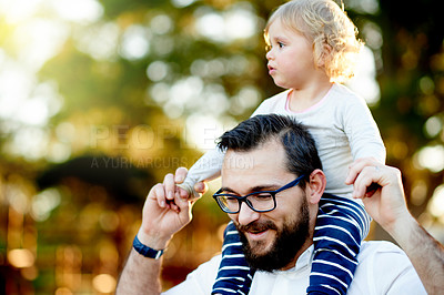 Buy stock photo Adventure dad and daughter on shoulders in nature for child development, growth or journey. Bokeh, trip or walking with single parent man and toddler outdoor together for discovery or explore