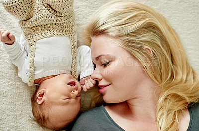 Buy stock photo Bedroom, happy and above of mom with baby in home for loving relationship, bonding and affection. Family, parenting and mother with newborn on bed together for security, trust and connection in house