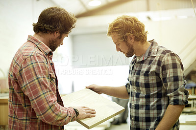 Buy stock photo Carpentry, workshop and men with sample for woodwork, furniture restoration and teamwork. DIY project, factory and contractor advice in discussion for meeting with timber, plank or manufacturing