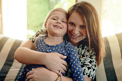Buy stock photo Mother, child and hug with portrait in home for love, support and connection with girl. Sofa, mom and embrace kid for care, safety or happy parent bonding with daughter for trust with family together