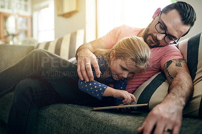 Buy stock photo Home, dad and child with tablet, browse and watching movie with subscription on website and bonding. Family, man and streaming cartoons with daughter, online and entertainment with tech in house