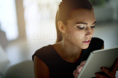 Buy stock photo Realtor, tablet or woman in office for review, reading research or listing services. Email, blog update or real estate news on housing website to check on apartment info, online post or property ads