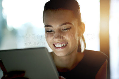 Buy stock photo Laugh, tablet and woman in startup for reading online campaign, project draft and funny meme. Notification, smile or happy social media analyst in office for business blog, joke and post research