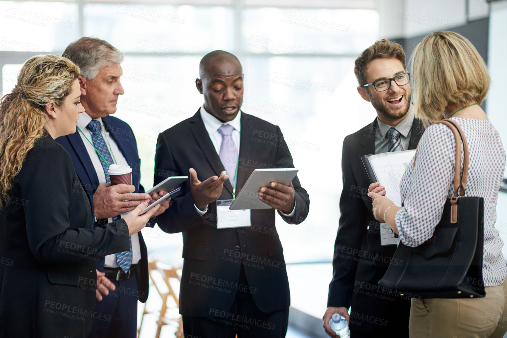 Buy stock photo Tablet, meeting or people in office, planning and financial agency with feedback for funding proposal. Employees, men and women with tech, internet and email for trading portfolio and stock market