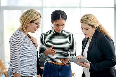 Buy stock photo Business women, tablet and conference for discussion, planning and insurance review. Team, seminar and conversation with technology at workshop for development, policy ideas and meeting in office