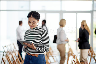 Buy stock photo Event, employee and woman with tablet, browse and proofreading article on website, online and media. Workshop, reporter and person with tech for story, editing or review of info, scroll and creative
