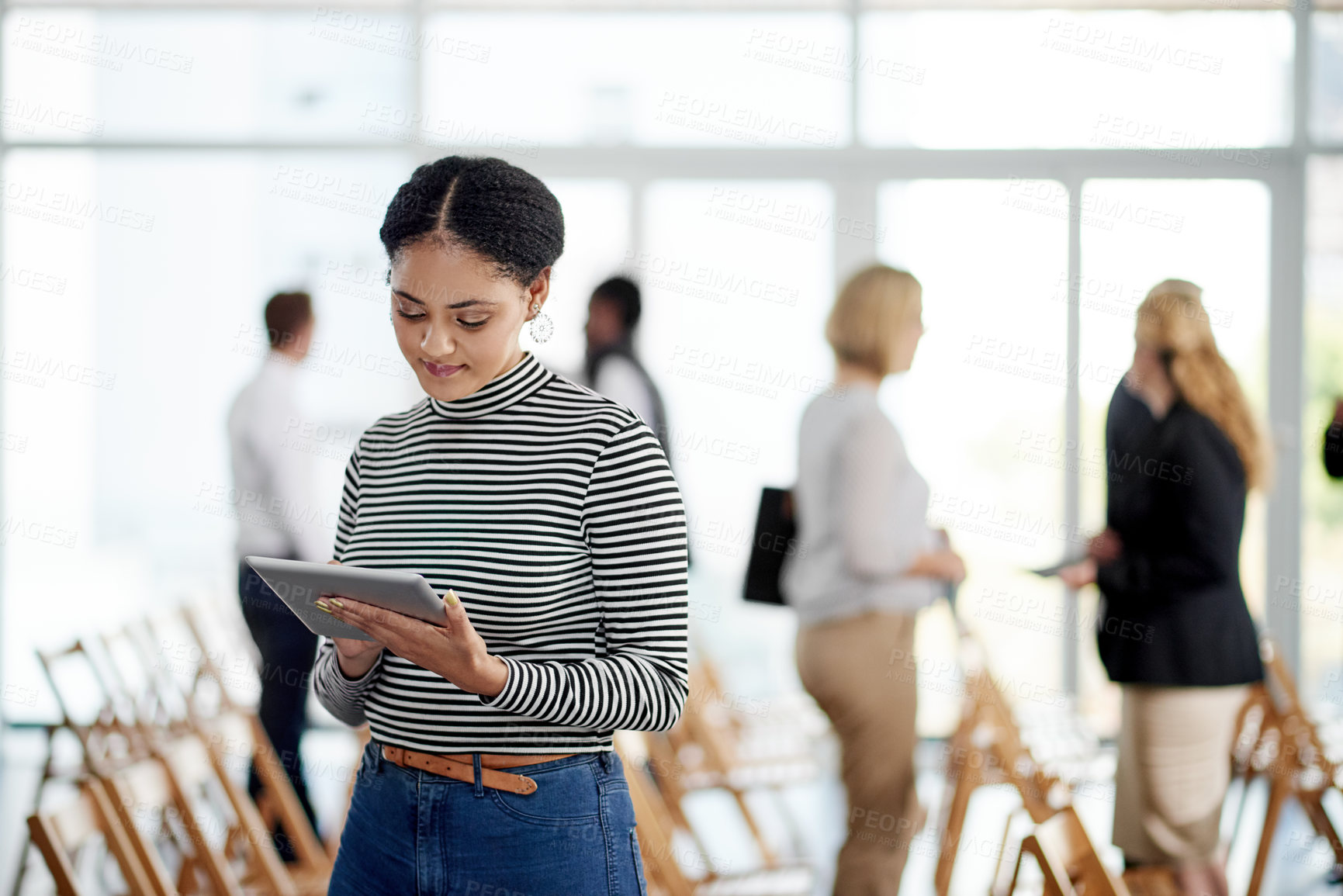Buy stock photo Event, employee and woman with tablet, browse and proofreading article on website, online and media. Workshop, reporter and person with tech for story, editing or review of info, scroll and creative