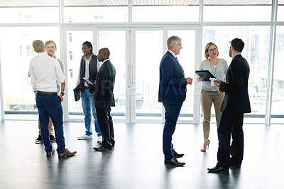 Buy stock photo Business, people or networking in office with tech, collaboration or plan for rental opportunity. Estate agent, talking or showing in company with clipboard, retail and sale for commercial property.