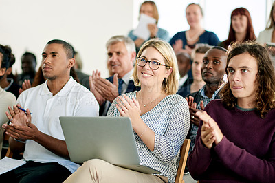 Buy stock photo Applause, laptop and people in audience for seminar, business workshop and expert knowledge. Clapping, smile and crowd in conference for entrepreneurship, skills development and tech industry insight