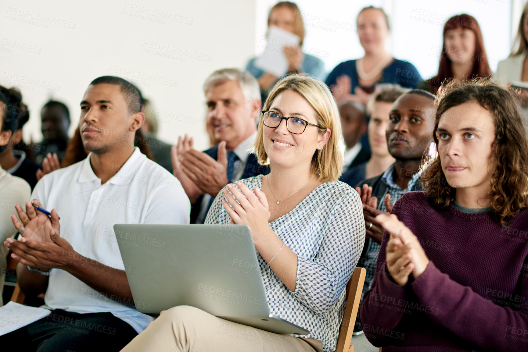 Buy stock photo Applause, laptop and people in audience for seminar, business workshop and expert knowledge. Clapping, smile and crowd in conference for entrepreneurship, skills development and tech industry insight