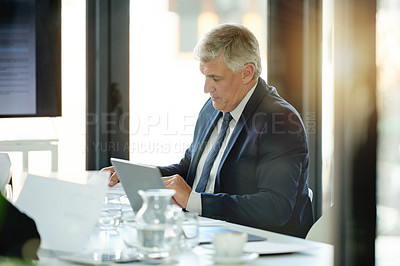 Buy stock photo Business, meeting and man in office, laptop and documents with financial agency, planning and trading. Stock market exchange, person and employee in workplace, report for income and funding proposal