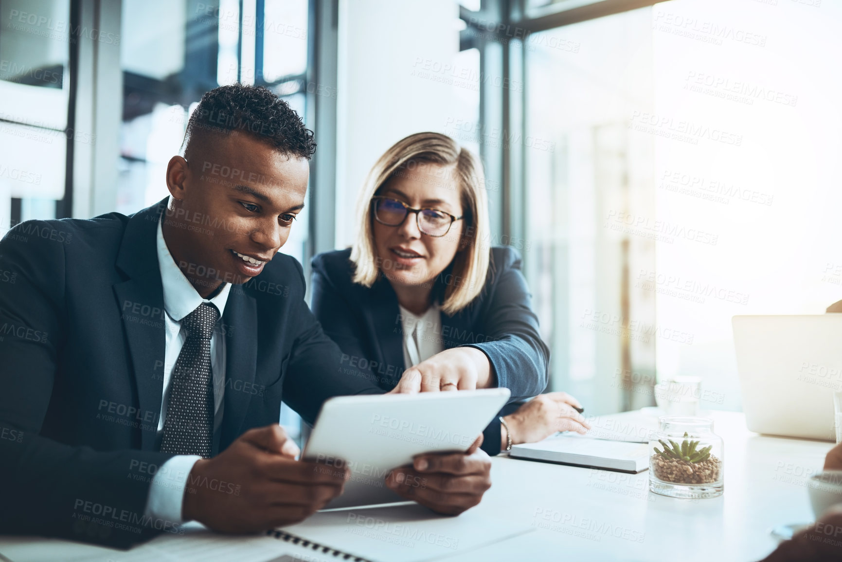 Buy stock photo Business people, tablet and discussion in office for judicial case, legal report and research with team. Lawyers, meeting and technology with online regulation info, litigation and collaboration