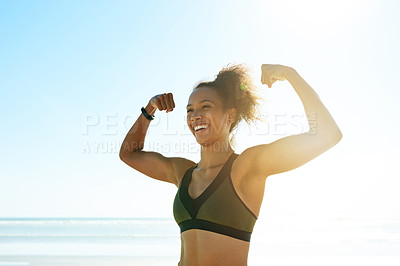Buy stock photo Biceps, fitness and smile with woman on beach for celebration of goals, progress or target. Arms, blue sky and flexing muscles with happy athlete outdoor for exercise, strength training or workout