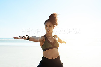 Buy stock photo Nature, stretching and woman on beach for yoga exercise for mobility, wellness and health. Mockup space, morning and person by ocean, sea and outdoor for muscle strength, balance and warrior pose