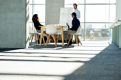 Buy stock photo Meeting, presentation and planning with business people in office for brainstorming, team and portfolio manager. Speaker, pitch and account growth with employees in finance agency for broker report