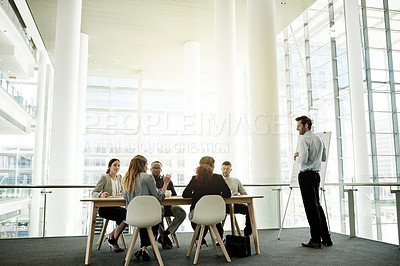 Buy stock photo Conversation, presentation and people in office, team and planning for investment deal. Finance agency, space or speaker in workplace, discussion or feedback for profit growth, cooperation or meeting