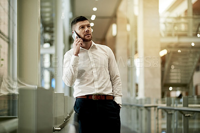 Buy stock photo Business, phone call or man in office with communication, discussion or conversation for investment. Serious, finance and mature person in lobby contacting client for funding, opportunity or proposal