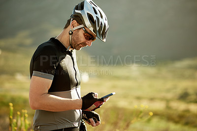 Buy stock photo Phone, fitness and bike with man in nature for location app, cycling route and social media post. Speed performance tracking, contact and bicycle with person outdoor for reading and direction search