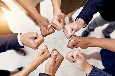 Buy stock photo Top view, feedback or business people with thumbs up in office for good job, well done and teamwork. Group, above and hands of employees with like gesture or yes sign for review and staff development