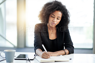 Buy stock photo Writing, notebook and business woman in office for schedule, planning and reminder. To do list, information and notes with employee, diary and journal for checklist or agenda and idea for management