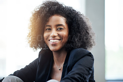 Buy stock photo Portrait, smile or African businesswoman in company with consultant, pride and confidence. Happy, professional or financial analyst in office with finance career, opportunity or corporate ambition