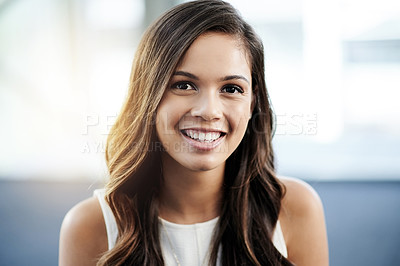 Buy stock photo Portrait, about us or happy businesswoman in company with smile, pride and confidence. Consultant, professional and financial analyst in office with finance career, opportunity and corporate ambition