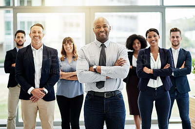 Buy stock photo Business people, group and portrait in office with smile, arms crossed and confidence. Corporate men, women and together for support, management and about us for mission collaboration and solidarity