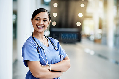Buy stock photo Nurse, happy and portrait of woman with crossed arms for medical service, cardiology or wellness. Healthcare, smile and person with confidence, pride and employee for medicare support in hospital
