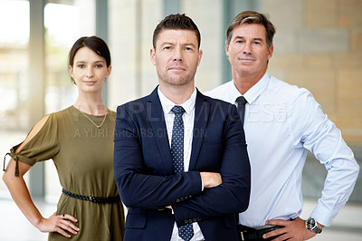 Buy stock photo Portrait, confident and business team with arms crossed, about us and we are hiring for recruitment agency. Talent acquisition, join us and people with manager at work, job opportunity and leadership