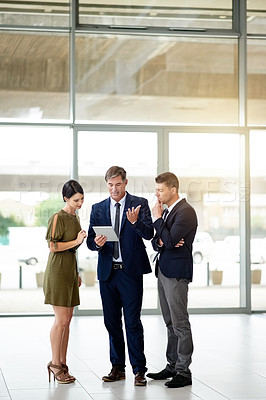 Buy stock photo Discussion, office or business people with tablet for proposal, sales negotiation plan or strategy. Digital presentation, communication or employees with tech to review, collaboration and cooperation