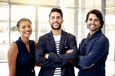 Buy stock photo Happy, portrait or business people in office with arms crossed, ambition or mission in agency. Confident, consultant or united team in workplace with smile, solidarity or pride for company goals