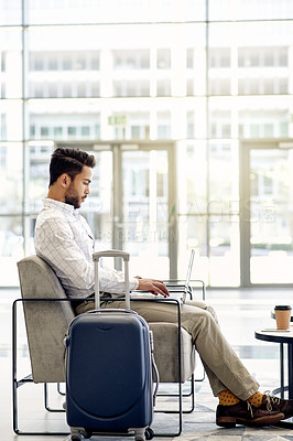 Buy stock photo Laptop, search and business man in airport lobby for conference, travel and email confirmation. Online booking, seminar schedule and flight with person, luggage and tech for reservation information