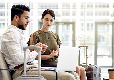 Buy stock photo Laptop, team and business people in airport lobby for conference, travel and email confirmation. Online booking, seminar schedule and luggage with man, woman and tech for reservation information