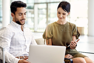 Buy stock photo Laptop, travel and team with business people in airport lobby for planning, VIP lounge and research. Conference trip, conversation and collaboration with man and woman in airline club for email