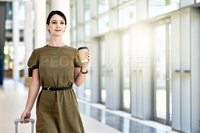 Buy stock photo Coffee, travel and businesswoman in airport with suitcase for international work trip for company. Career growth, walking and female person with drink and luggage for global corporate opportunity.