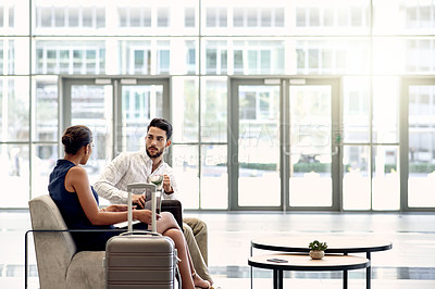 Buy stock photo Travel, suitcase and meeting with business people in airport lounge for planning, conference trip and lobby. Luggage, talking and networking event with employees for teamwork, chat and discussion