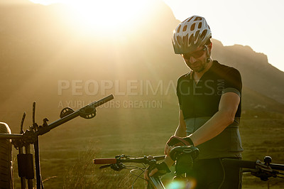 Buy stock photo Exercise, athlete and man with bicycle, nature and fitness with eco friendly transport and wellness. Outdoor, cyclist or person with helmet for safety, healthy and training with bike, flare and sport